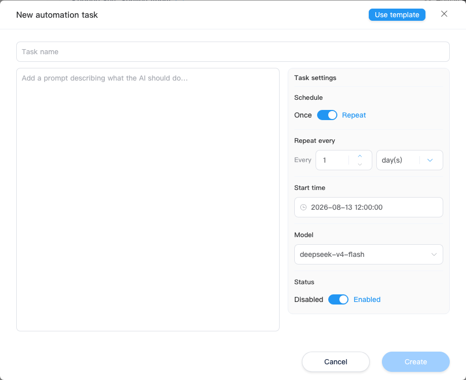 Kooboo dialog for creating a scheduled AI task with a prompt, schedule, model, and status