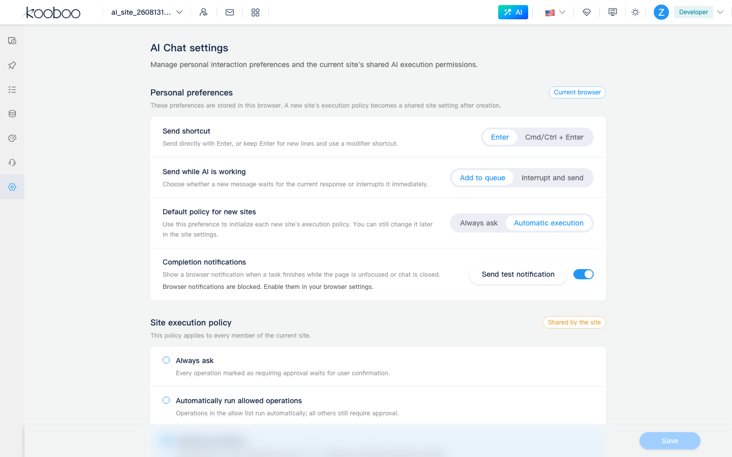 Kooboo AI settings showing personal preferences and site execution policy