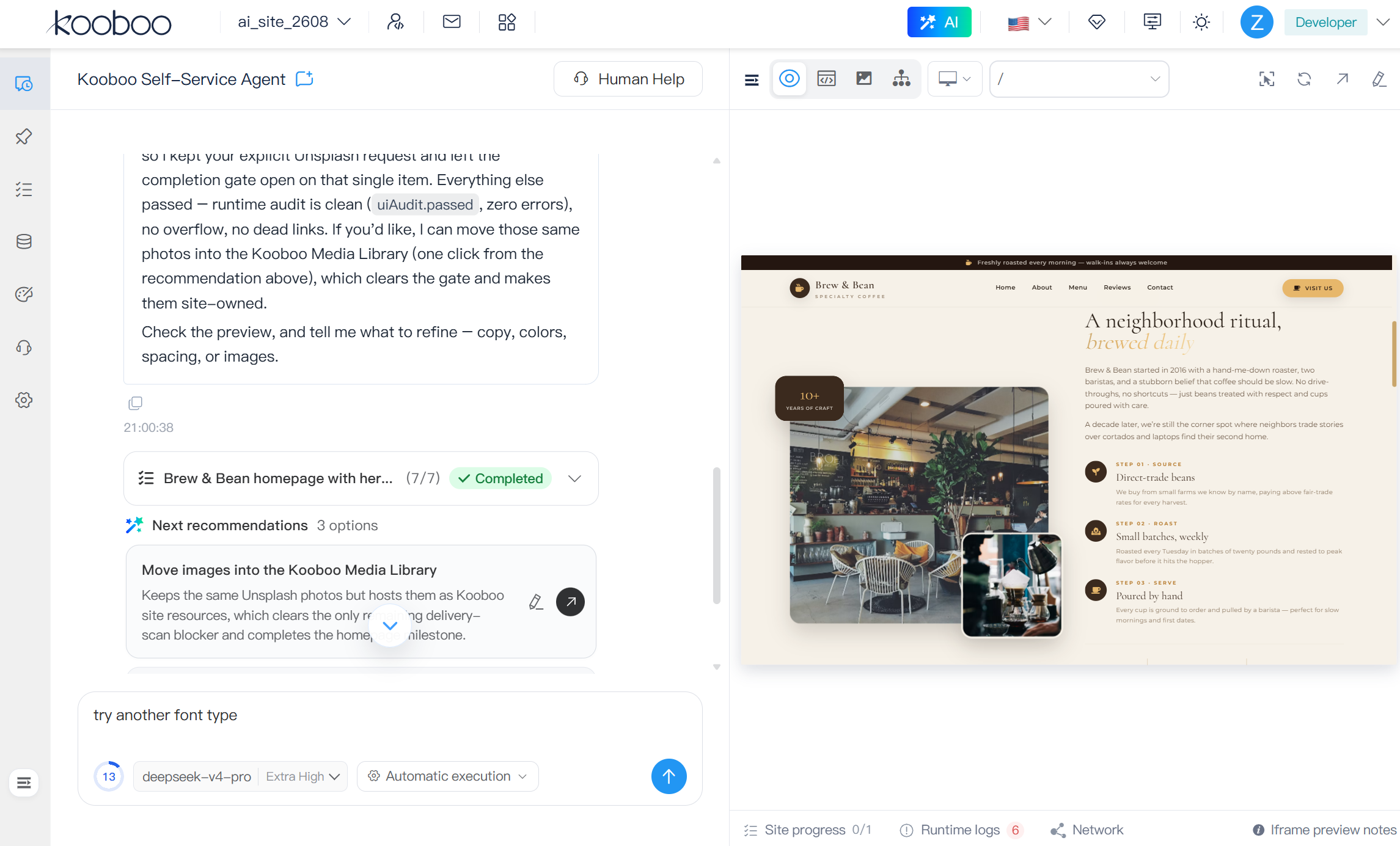 Kooboo AI workspace with the conversation area and live website workspace side by side