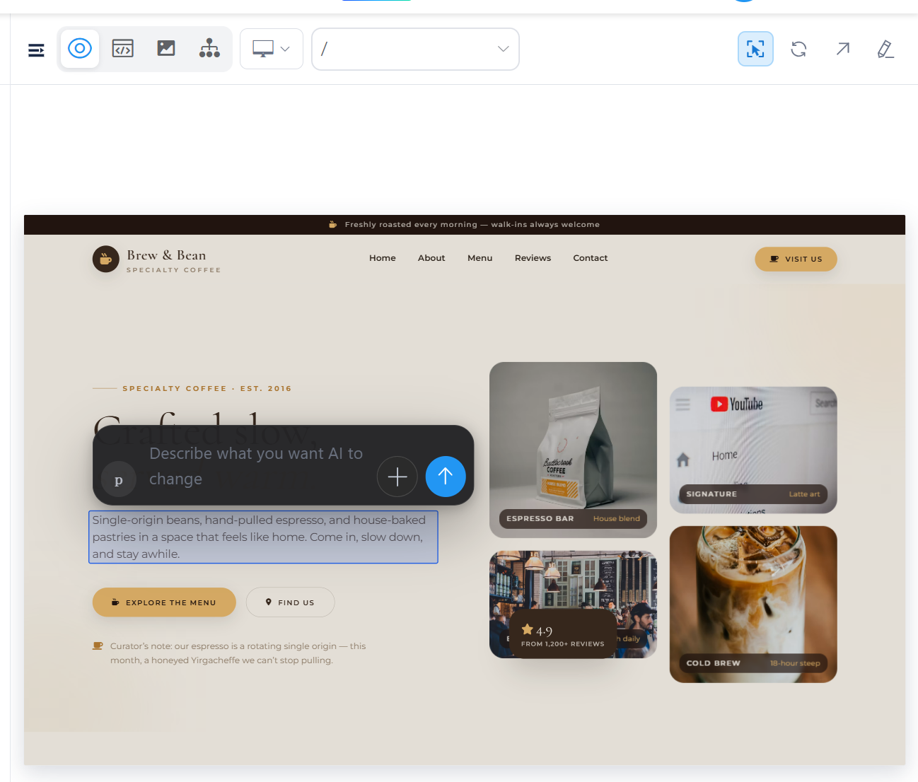 Kooboo AI Code workspace showing the website resource tree and source preview