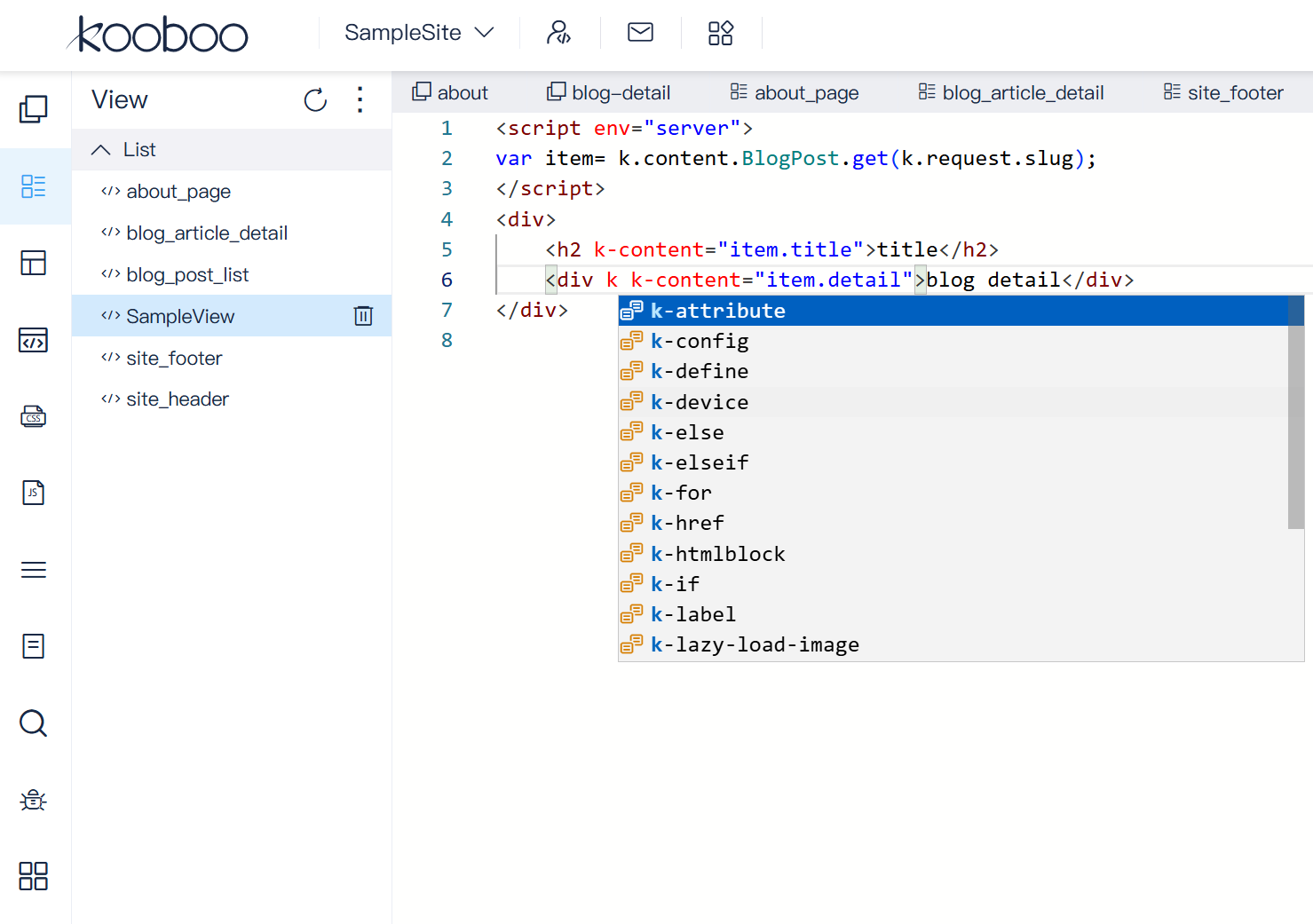 Kooboo online Monaco editor displaying intelligent code suggestions
