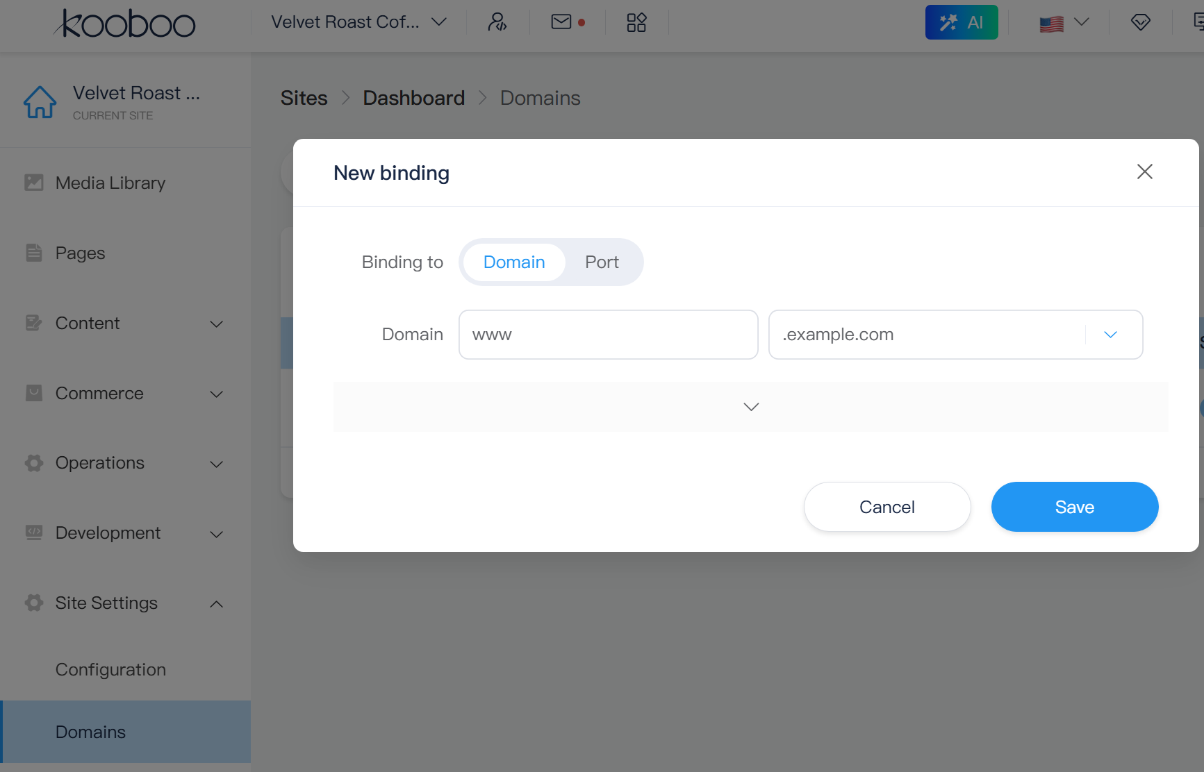 Assigning a domain directly to a Kooboo website inside the management dashboard