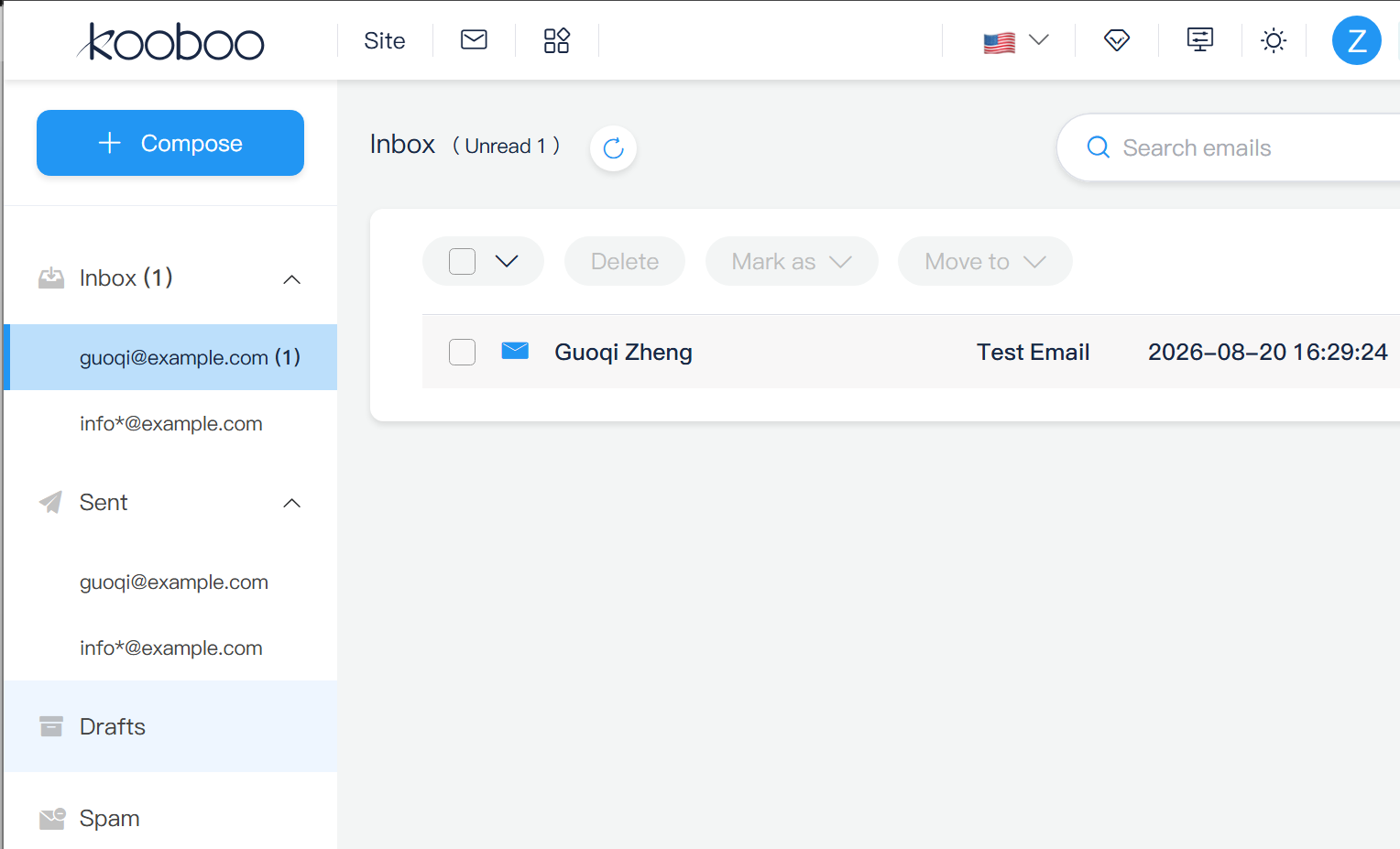 viewing the working inbox in Kooboo