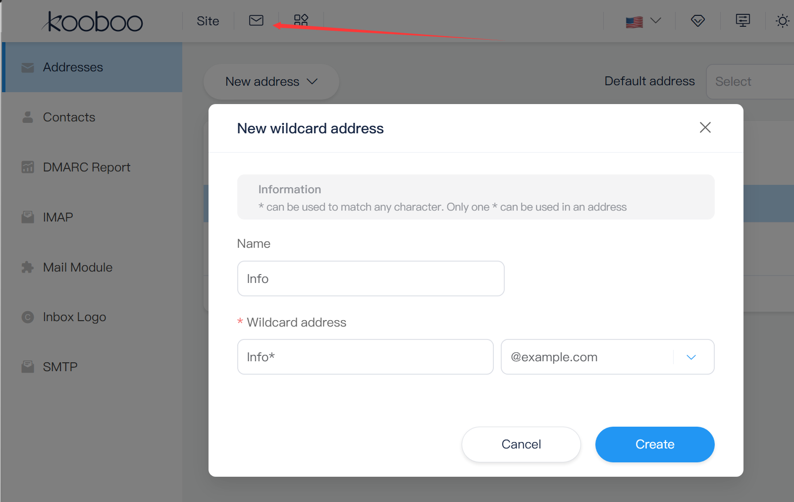 Creating a new business email address and viewing the working inbox in Kooboo
