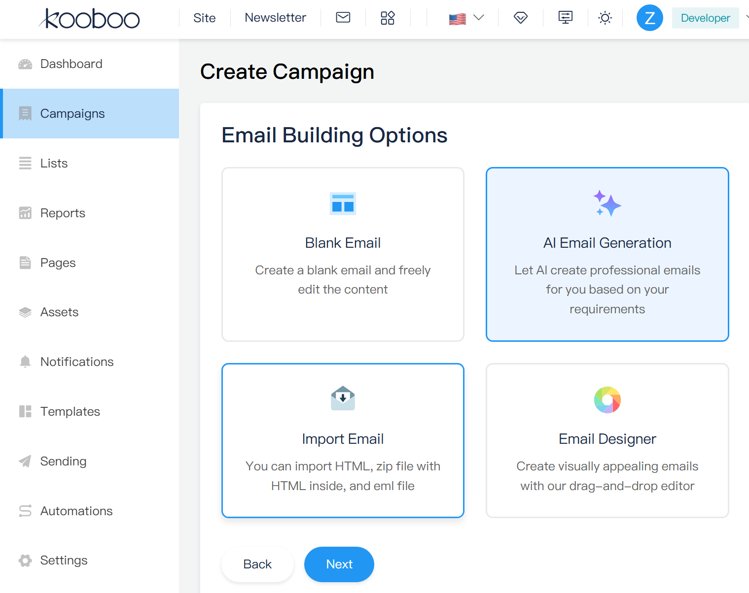 Kooboo AI Email Builder and Server Script Editor Interface