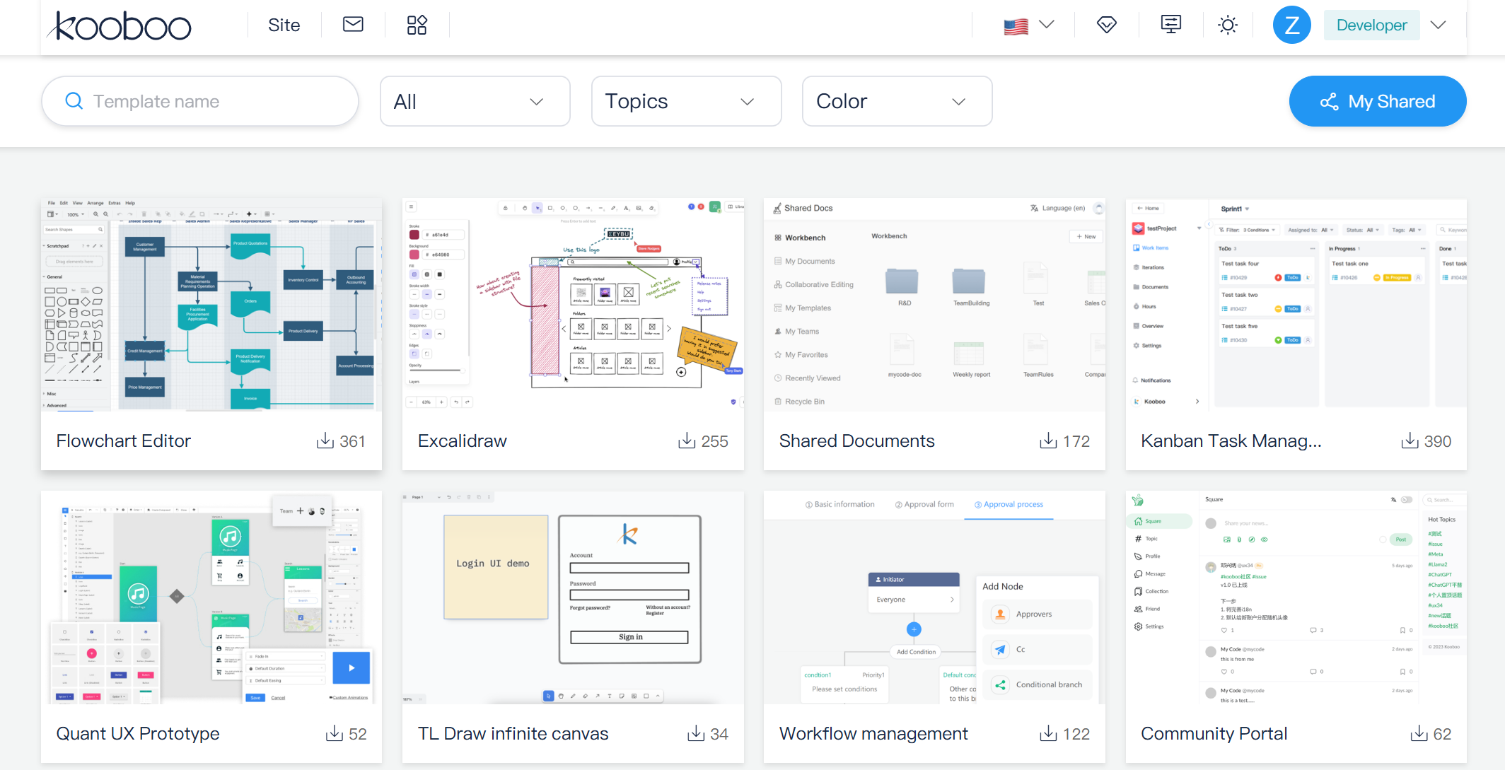 Kooboo Marketplace showing websites and applications available for discovery and installation