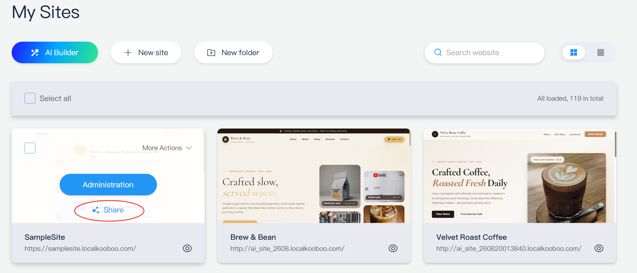 Kooboo website menu with the Share action for publishing a site to the Marketplace